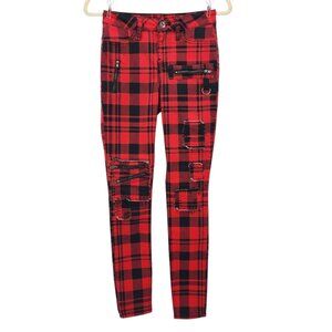 Blackheart Juniors 1 Pants Super Skinny Plaid High Rise Patches Goth Red Black